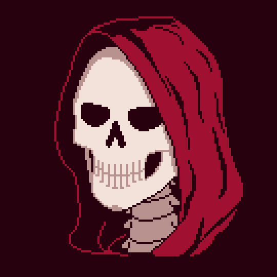 Red Reaper's avatar - pixel art portrait of a skull in a red hood.