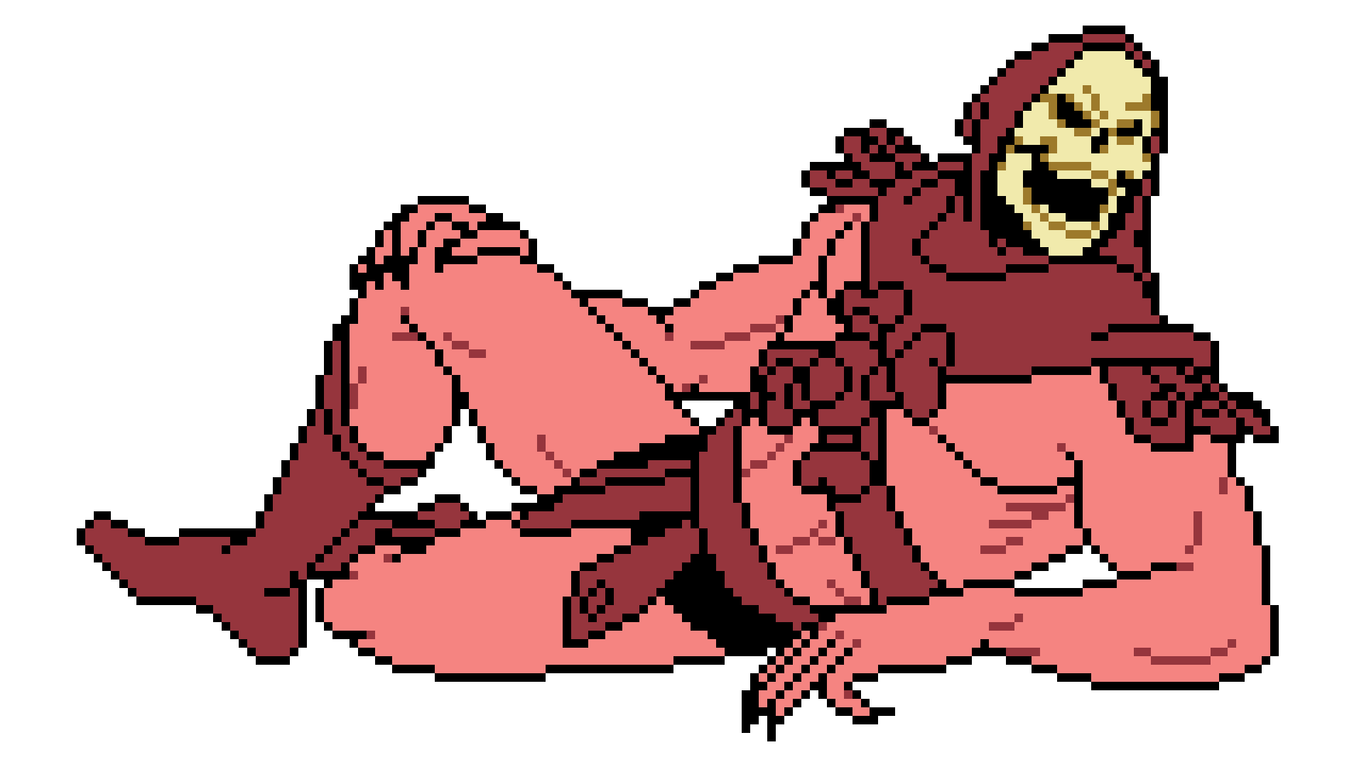 Pixel art of Skeletor, recolored in red, lying on his side.