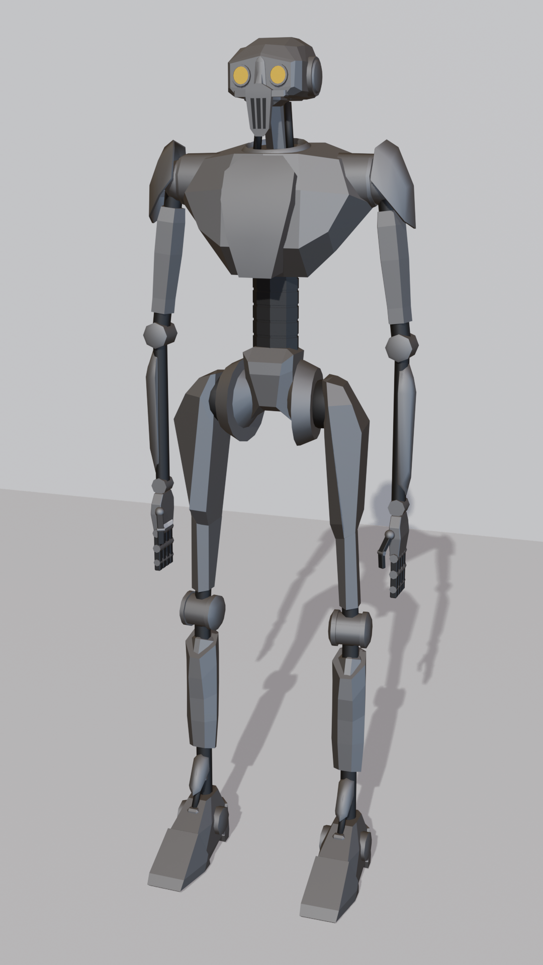 A 3D render of a gray skeletal android with yellow circular visors.