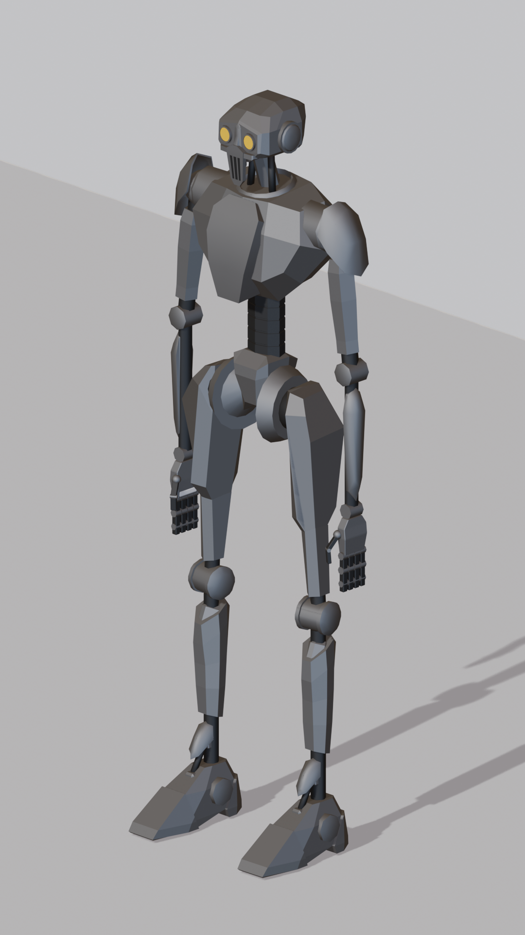 A 3D render of a gray skeletal android with yellow circular visors.
