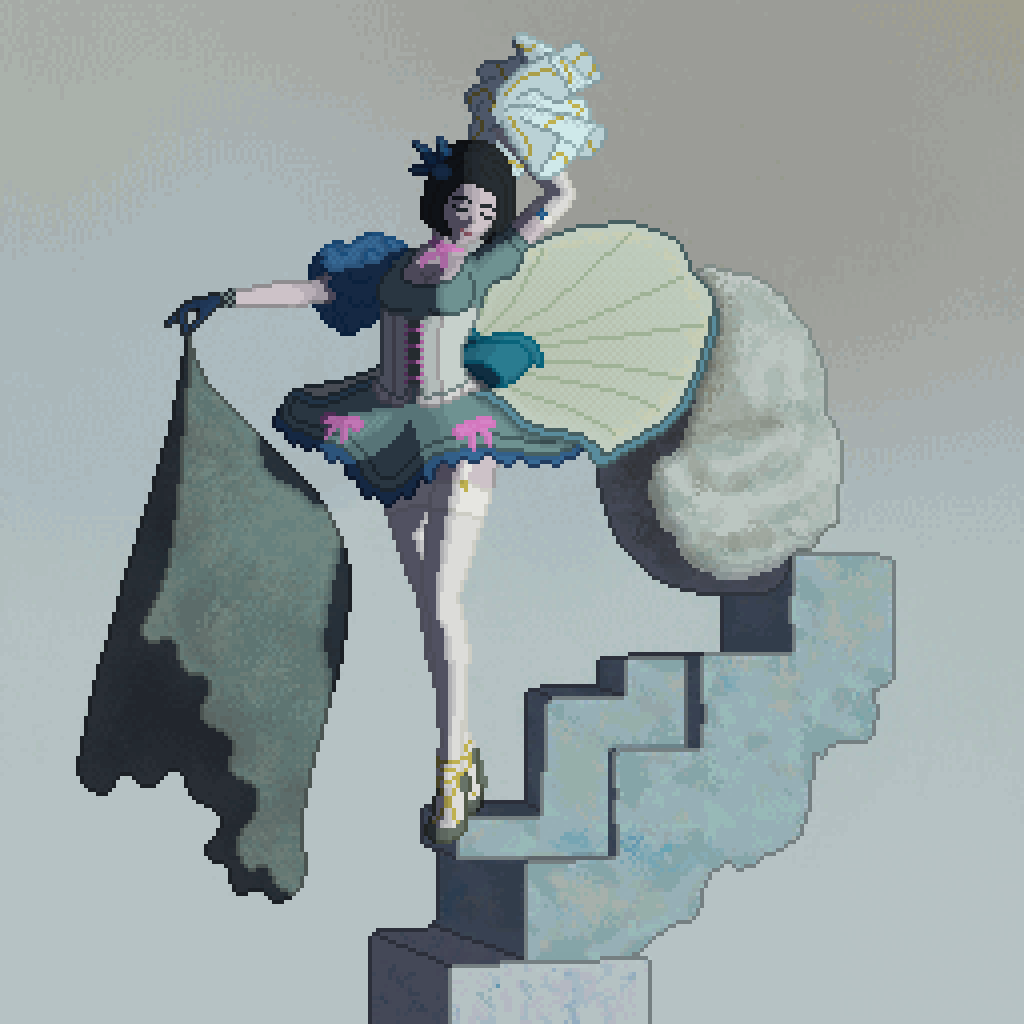 Pixel art of a dancer in a teal corset dress dancing on a stone staircase in a cloudy void while holding a pompon and a large cloth.