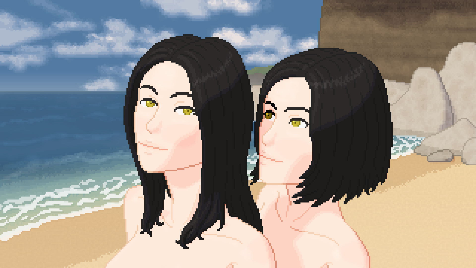 Pixel art portrait of two identical nude dark-haired women with yellow eyes standing on a sunny beach by the sea.