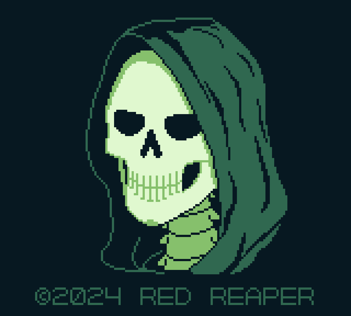 Green monochrome pixel art portrait of a skull in a hood with "©2024 RED REAPER" text below.