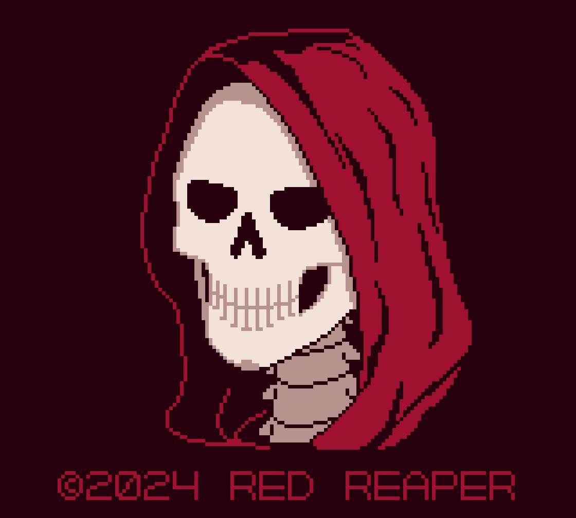 Pixel art portrait of a skull in a red hood with "©2024 RED REAPER" text below.