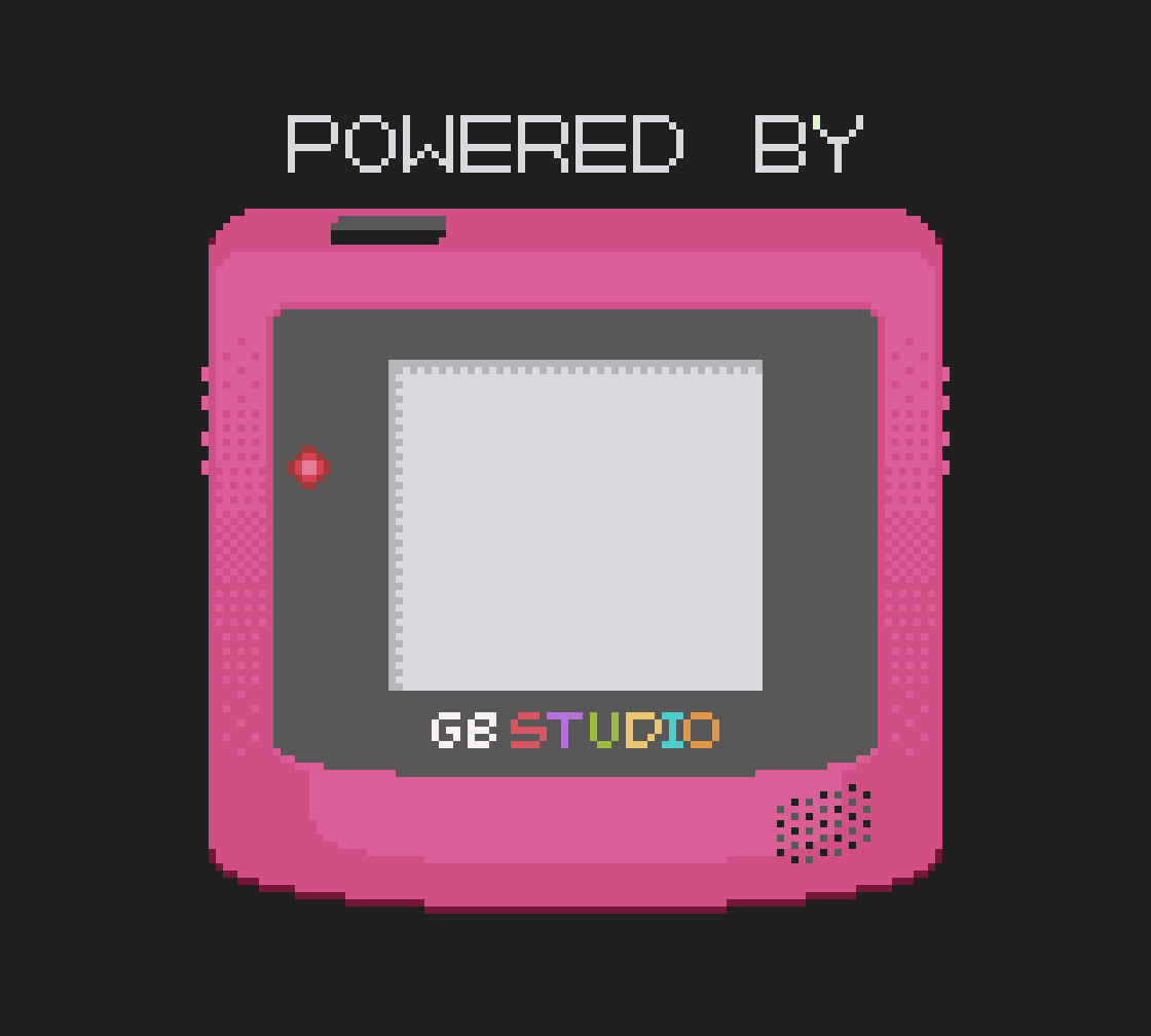 Pixel art logo of a pink Game Boy-like handheld console with "POWERED BY GB STUDIO" text above.