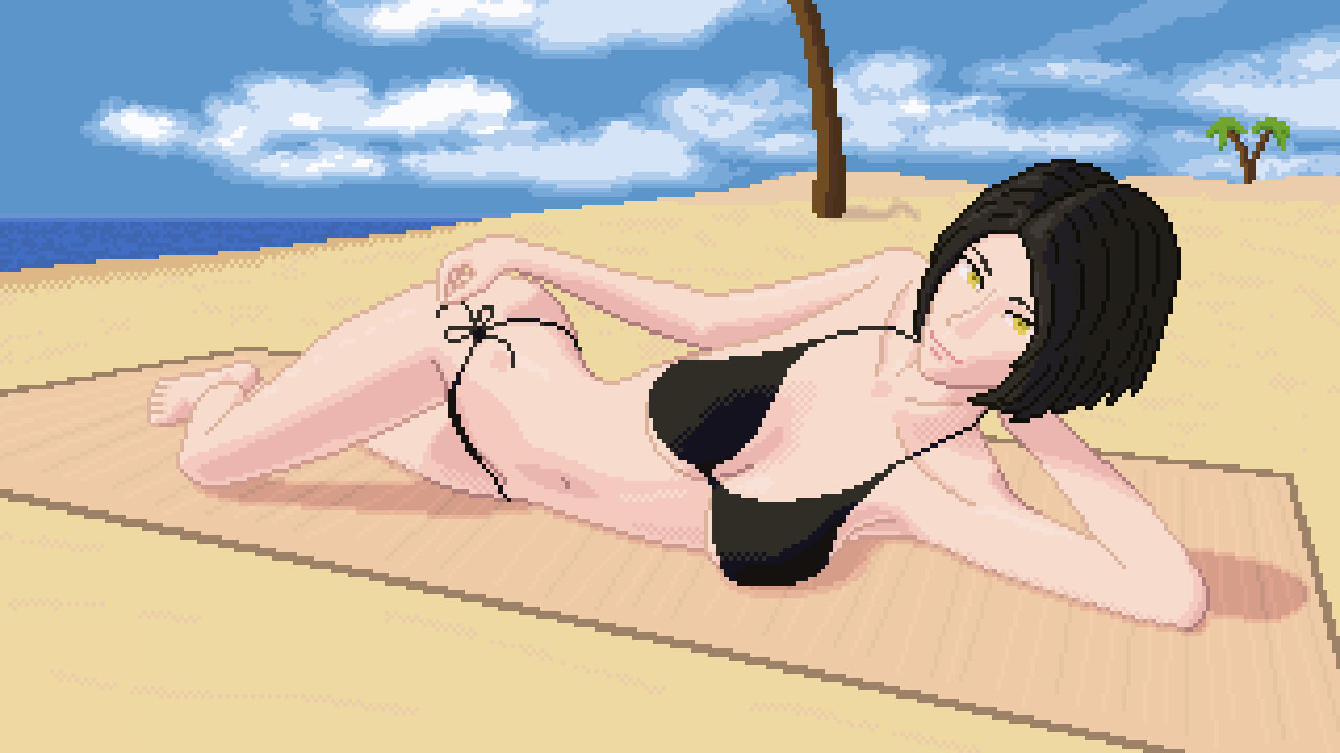 Pixel art of a black-haired woman in a black bikini lying on a beach towel by the ocean under a sunny sky, holding the tie of her bikini bottom.