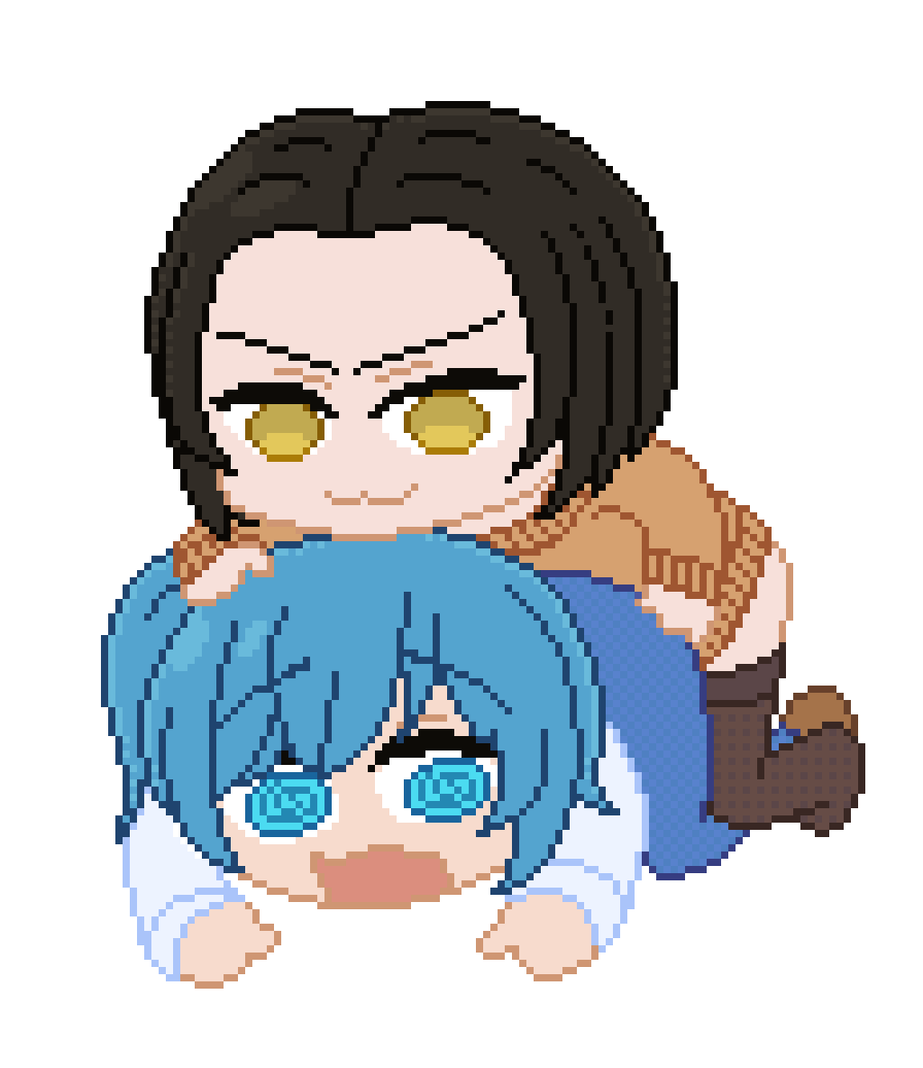 Chibi pixel art of two anime characters, one on top of the other