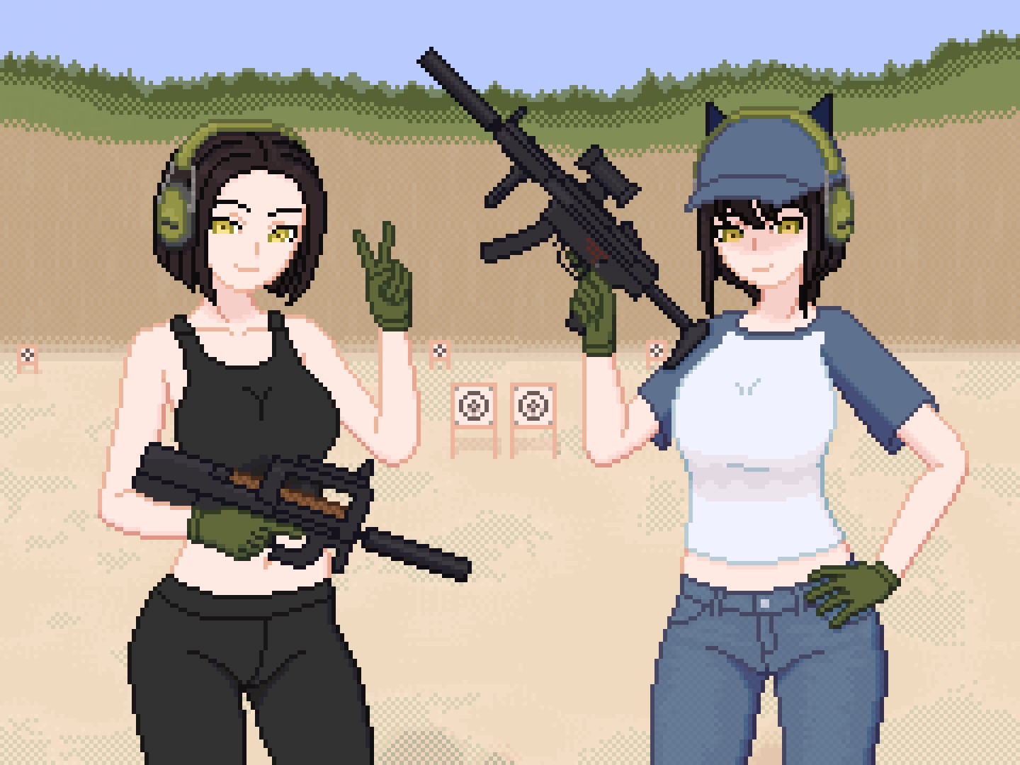 Pixel art of twin sisters at an outdoor shooting range - one making a peace sign with a P90 submachine gun, the other holding an MP5 submachine gun triumphantly.