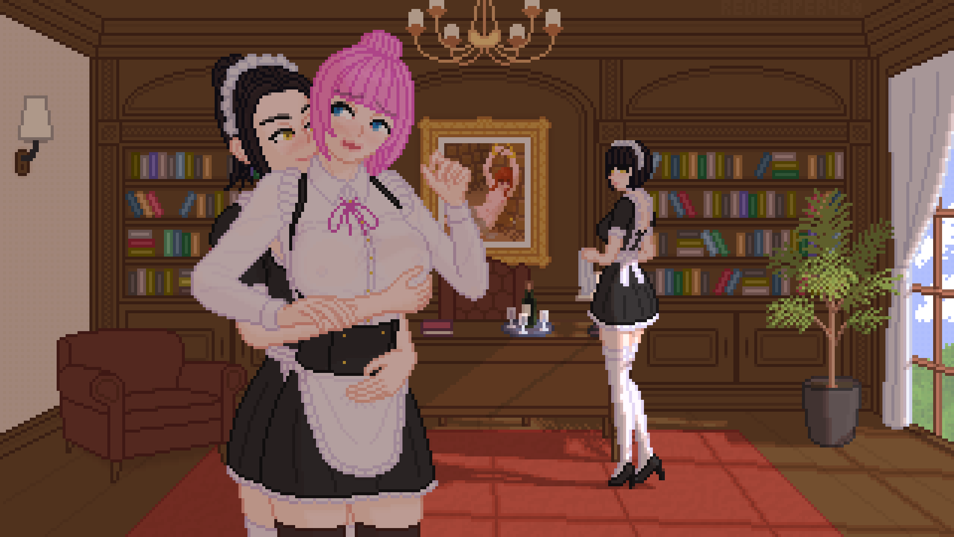 Pixel art of two embracing maids in a luxurious library (one dark-haired, is groping from behind the other, pink-haired), third maid (dark-haired) visible in the background, looking at the first two.