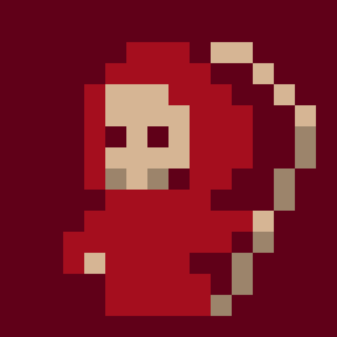 Tiny pixel sprite of a red-hooded skeleton on a maroon background.
