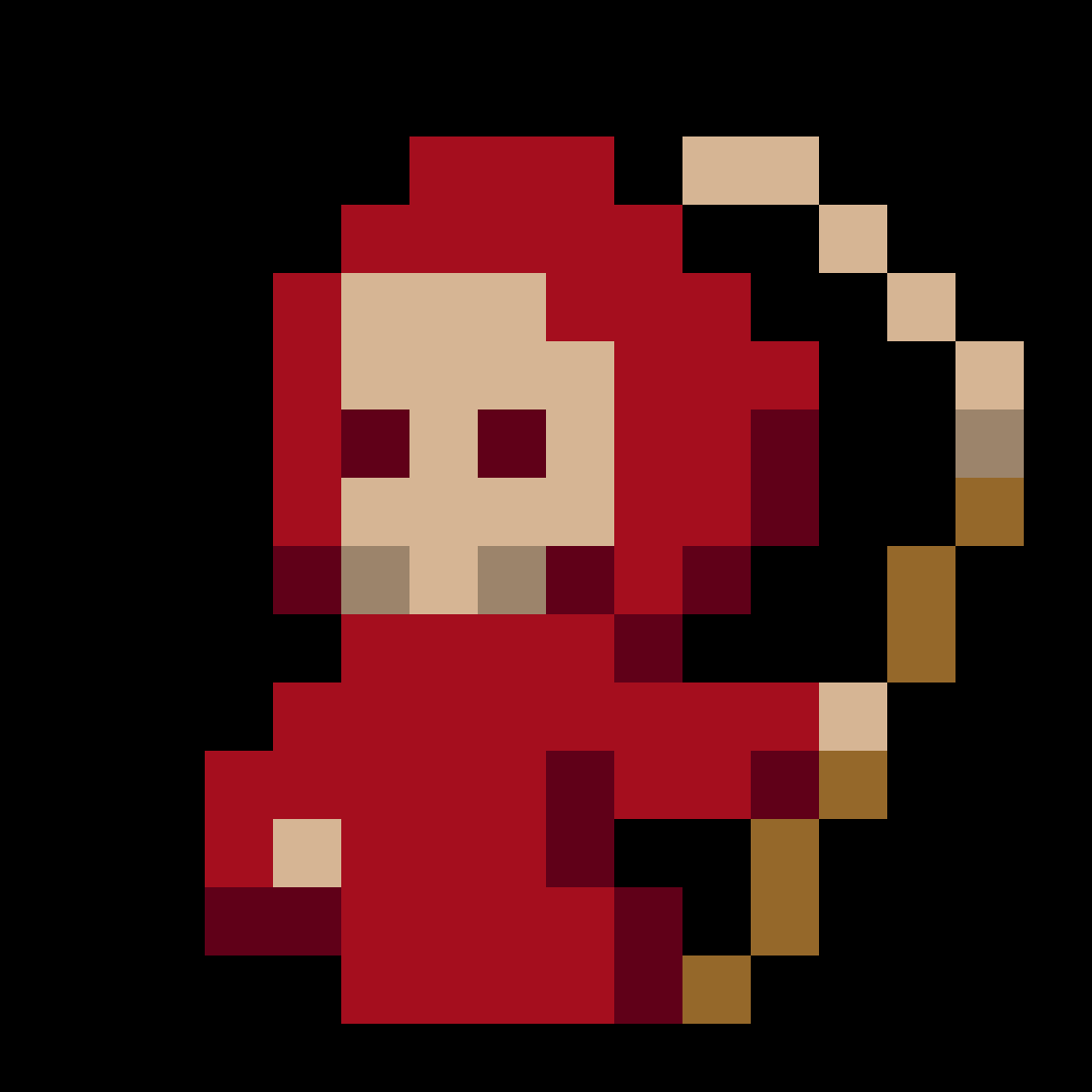 Tiny pixel sprite of a red-hooded skeleton on a black background.