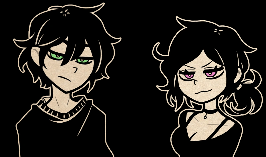Art portrait of two siblings with dark hair - one is a frowning guy with green eyes and short hair, the other is a smirking girl with purple eyes and a ponytail.
