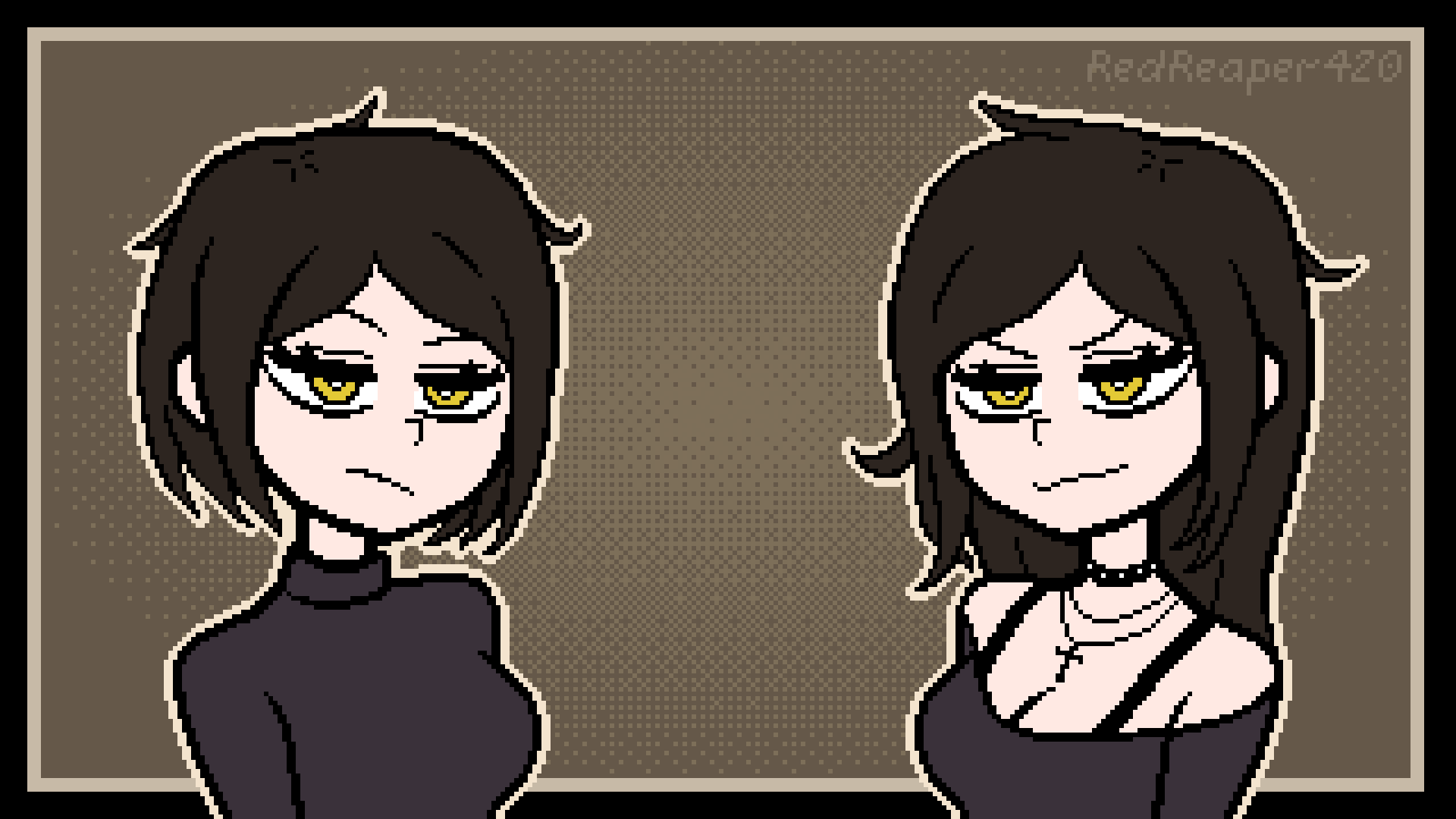 Pixel art portrait of twin sisters with dark hair and yellow eyes - one short-haired and frowning, the other is long-haired and smirking.