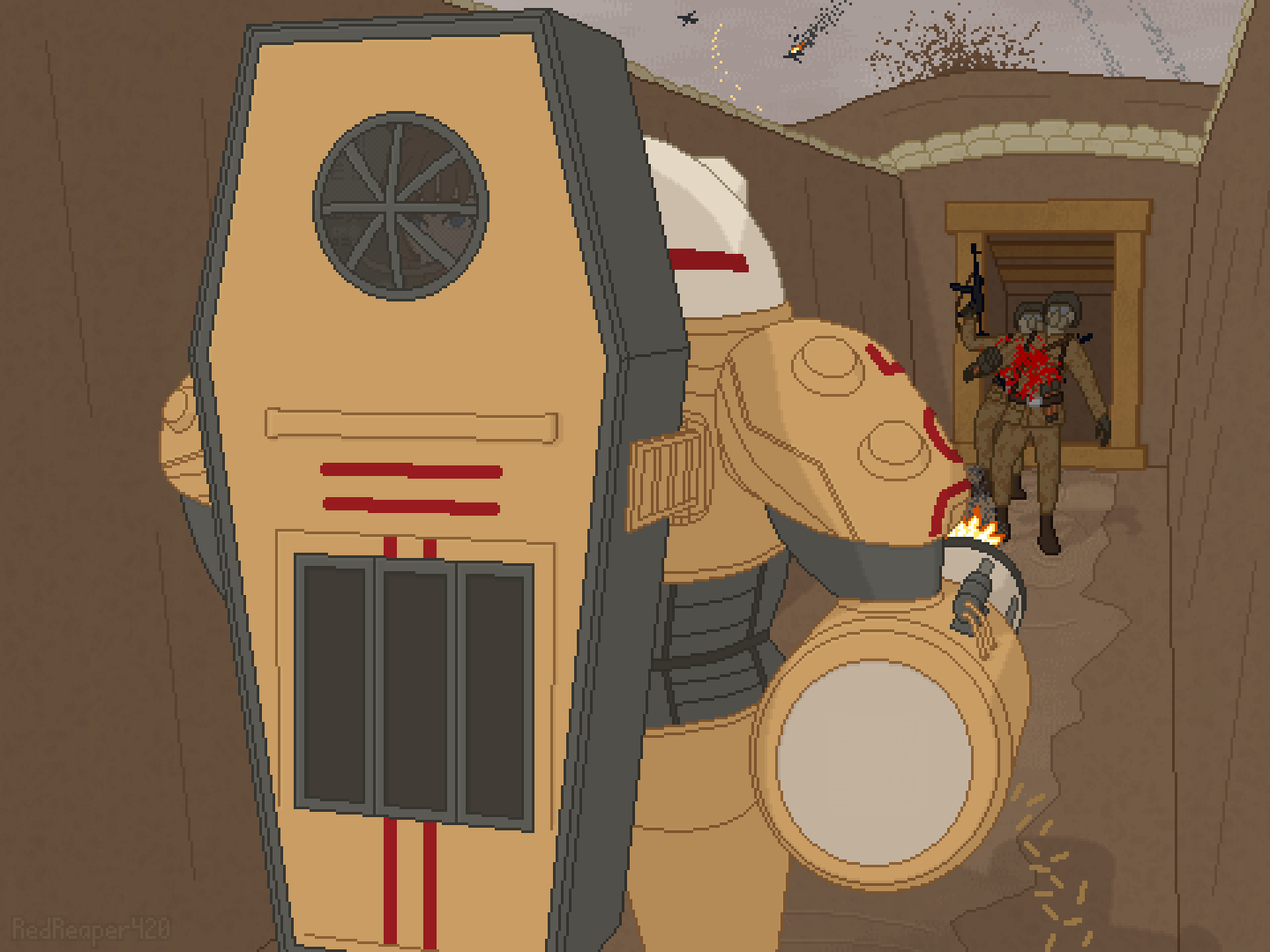 Pixel art of a bulky robot with a coffin on its back and a machinegun arm is shooting down soldiers in the trench.