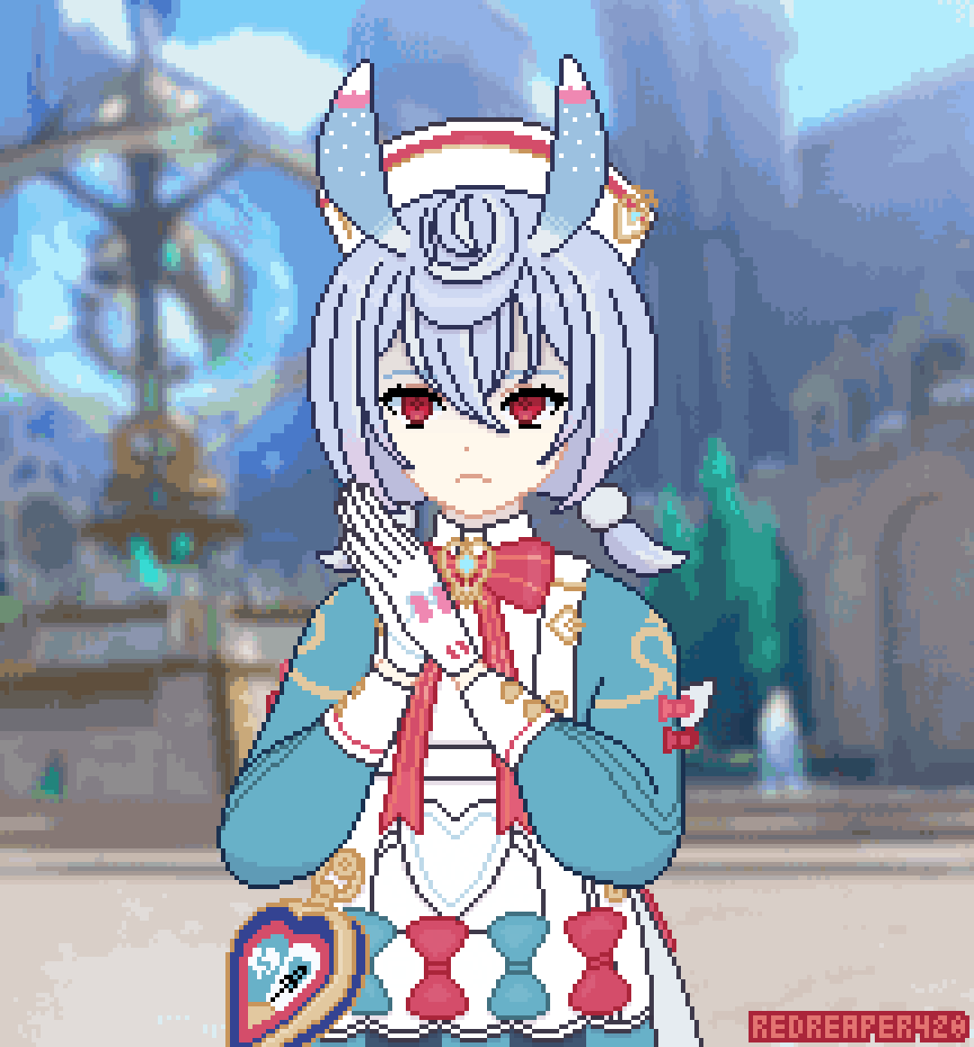 Pixel art of Sigewinne from Genshin Impact, holding hands clasped, frowning unhappily. Fontaine's main square background.