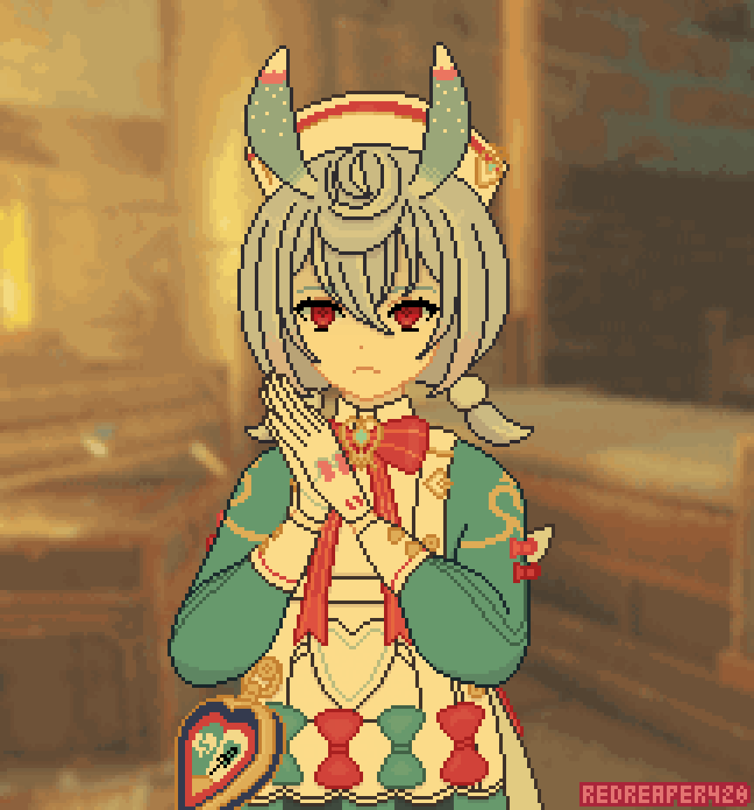 Pixel art of Sigewinne from Genshin Impact, holding hands clasped, frowning unhappily. Fortress of Meropide nursery background.