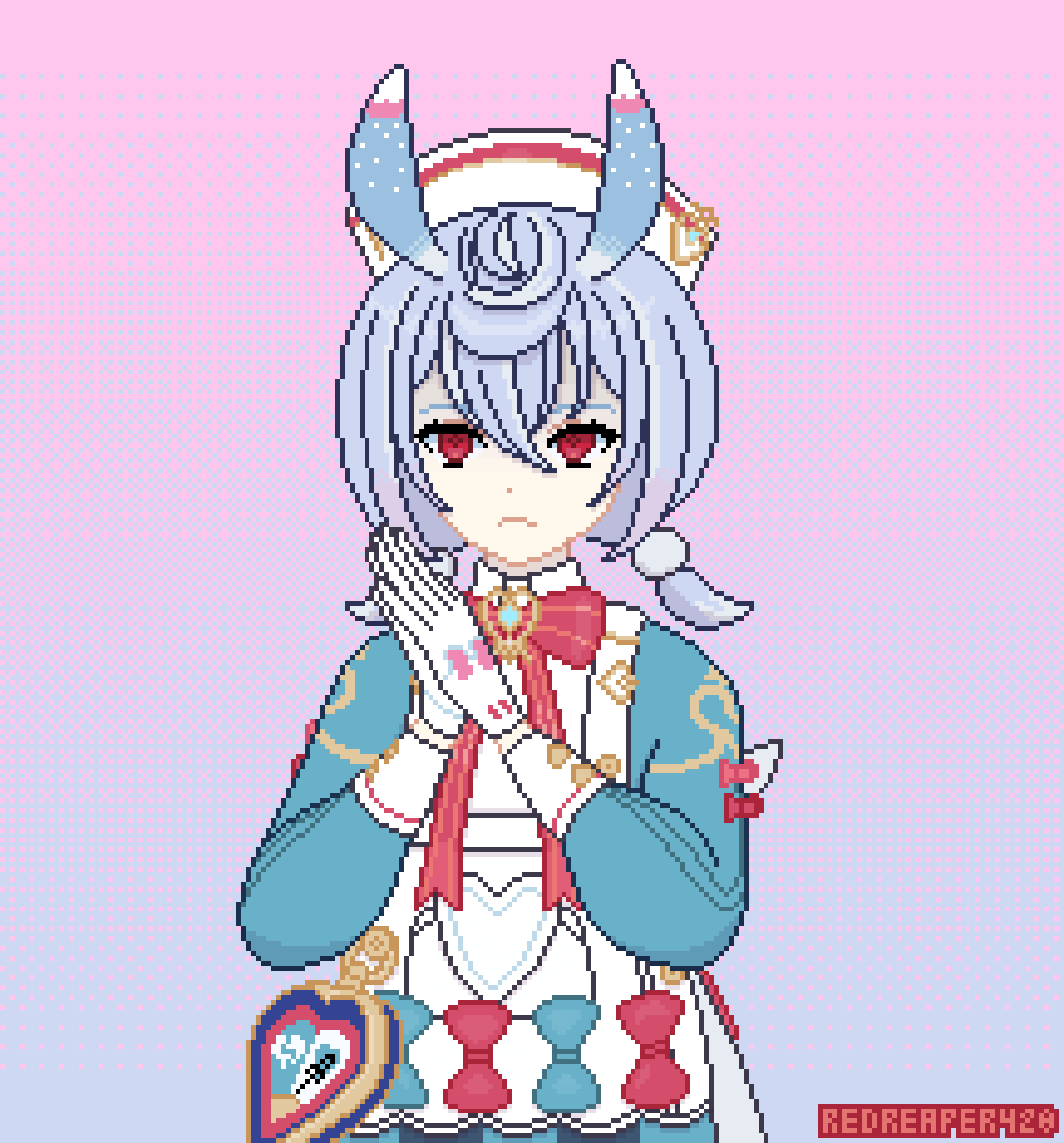 Pixel art of Sigewinne from Genshin Impact, holding hands clasped, frowning unhappily. Pink-light blue gradient background.