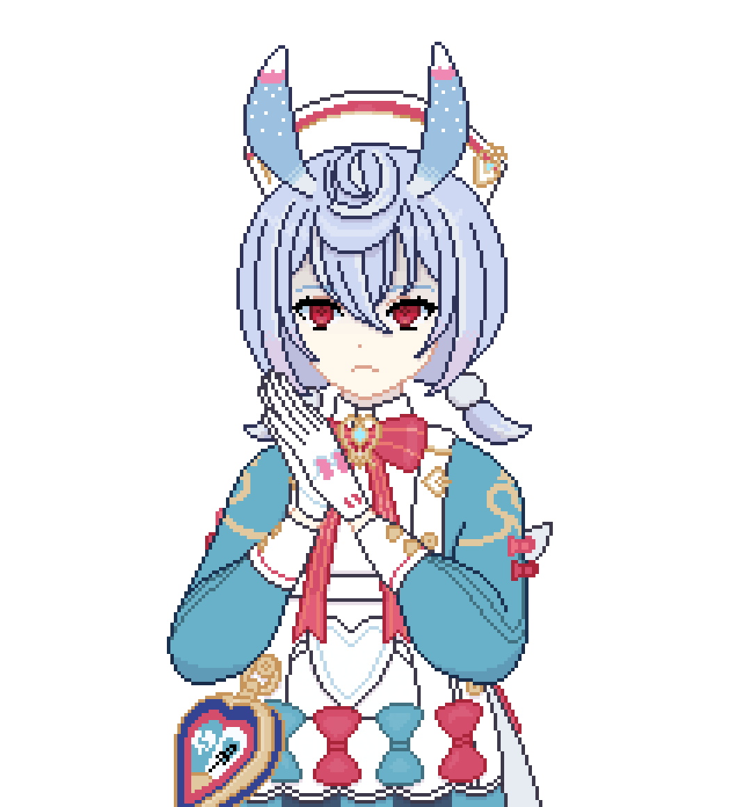 Pixel art of Sigewinne from Genshin Impact, holding hands clasped, frowning unhappily. Transparent background.