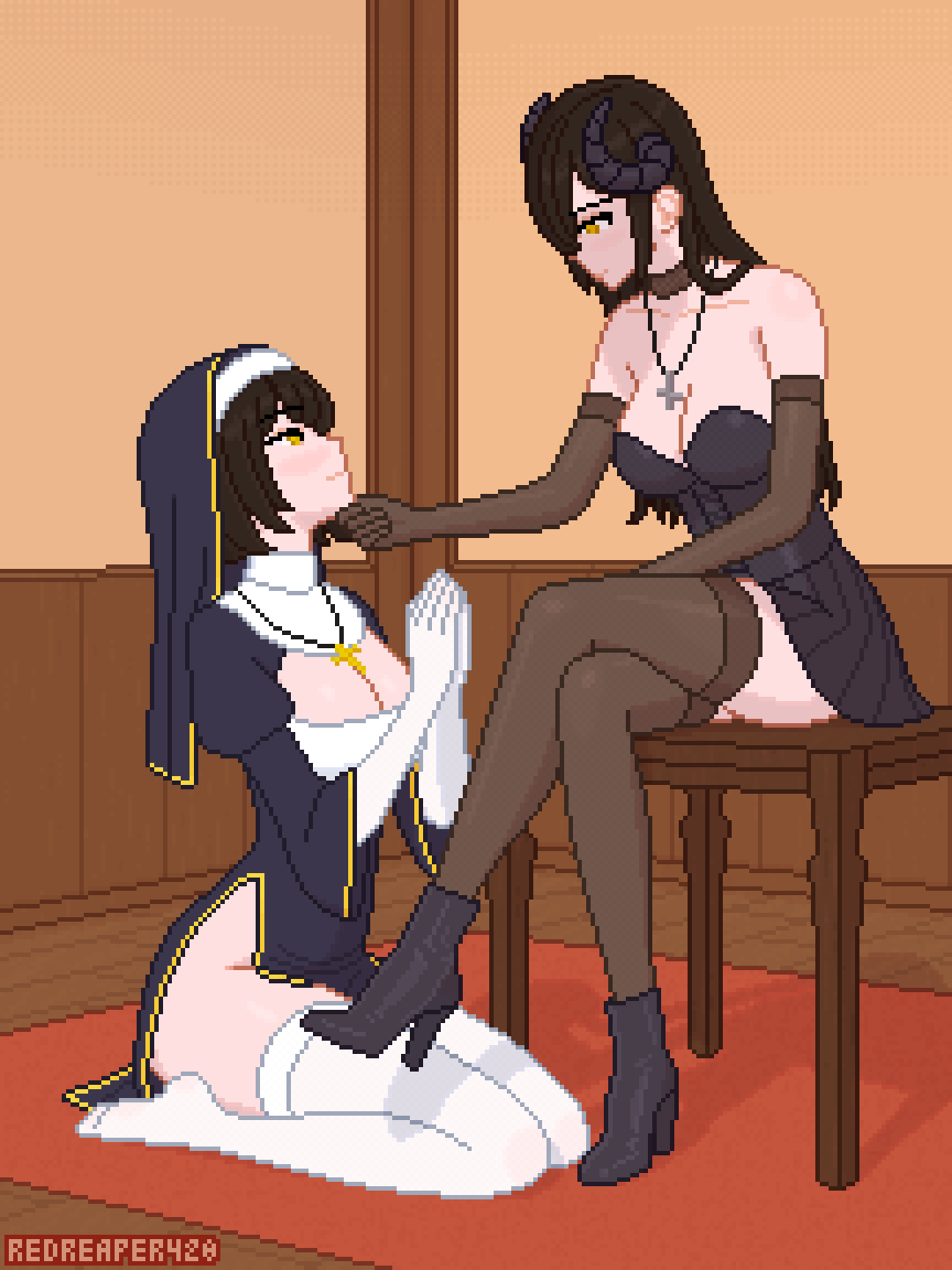 Pixel art of a kneeling nun in prayer looking up at a seated gothic succubus gently lifting her chin.