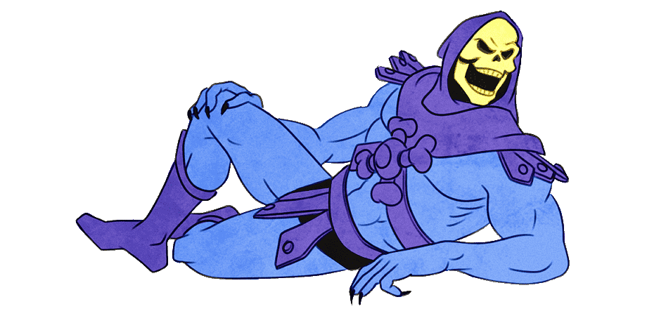 Cutout of Skeletor, lying on his side.