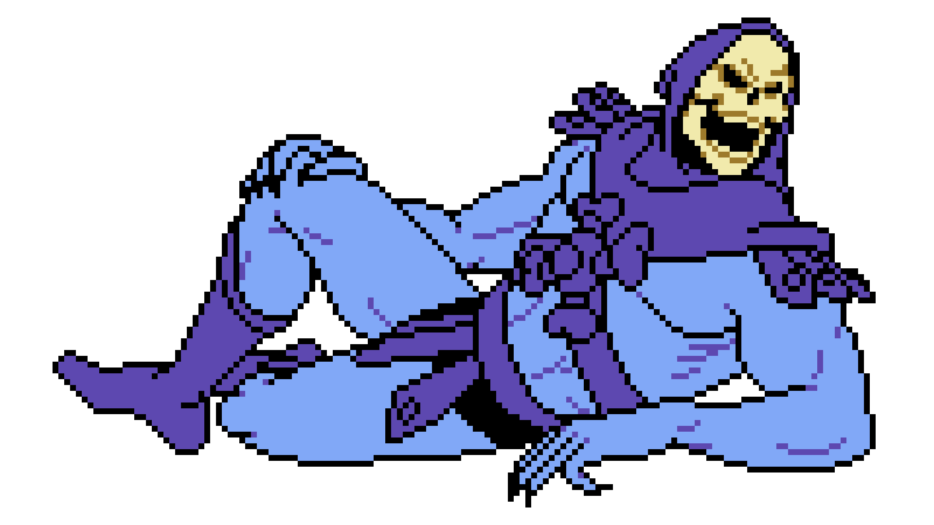Pixel art of Skeletor, lying on his side.