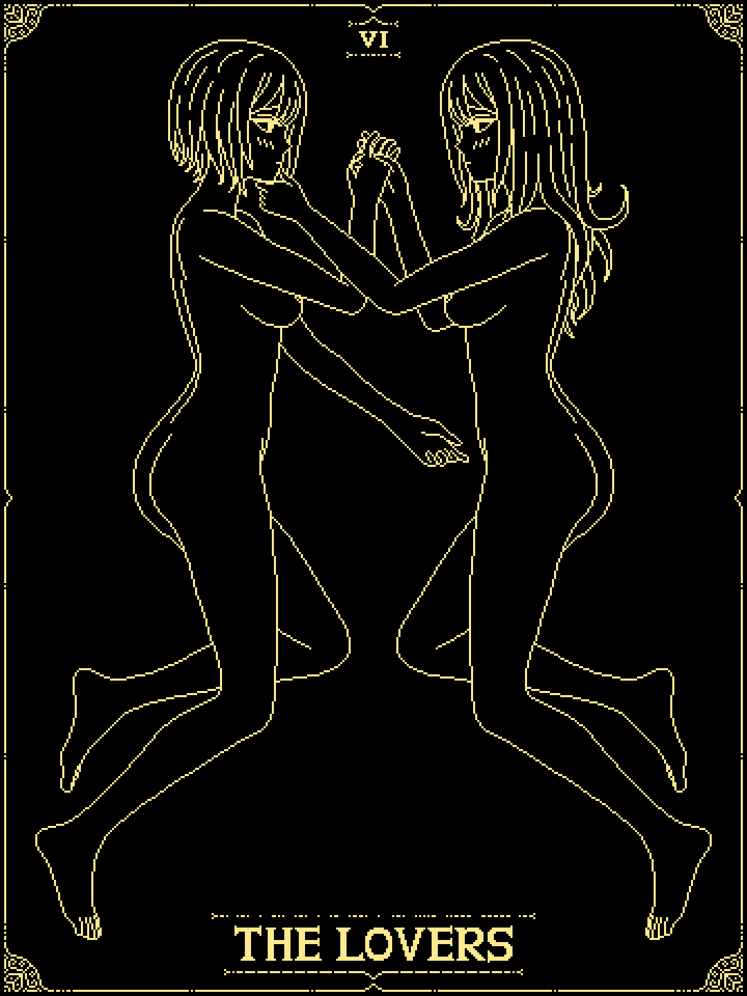Gold and black pixel lineart of The Lovers tarot card (VI), depicting nude female twins facing and embracing each other intimately. The card has an ornate border, the Roman numeral VI at the top, and the text "THE LOVERS" at the bottom.